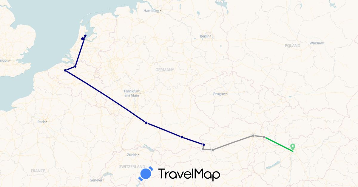 TravelMap itinerary: driving, bus, plane in Austria, Belgium, Germany, Hungary, Netherlands, Slovakia (Europe)